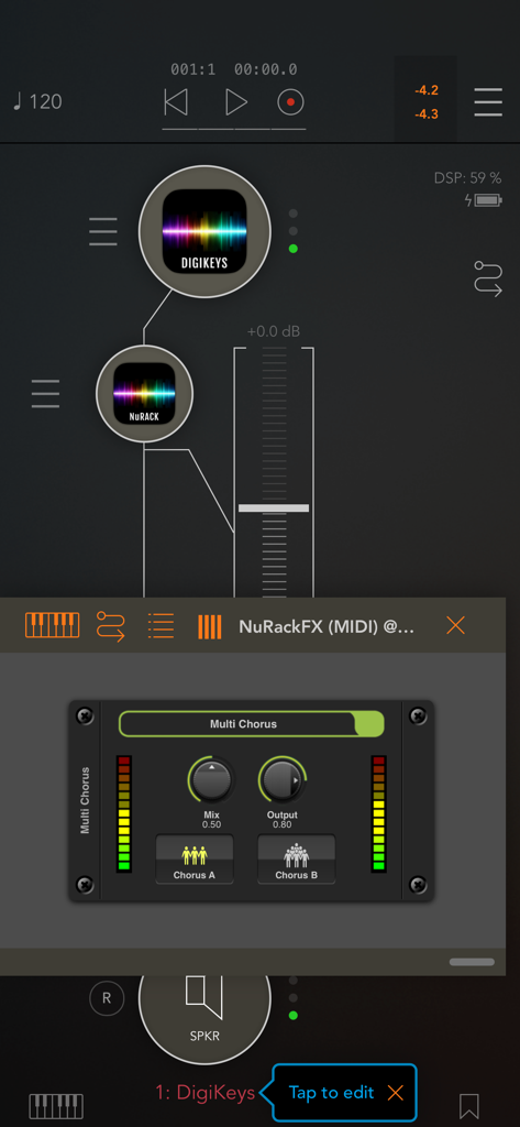 NuRack Auv3 FX Processor - NuRack AUv3 FX Processor interface showing audio signal routing and a Multi Chorus effect module