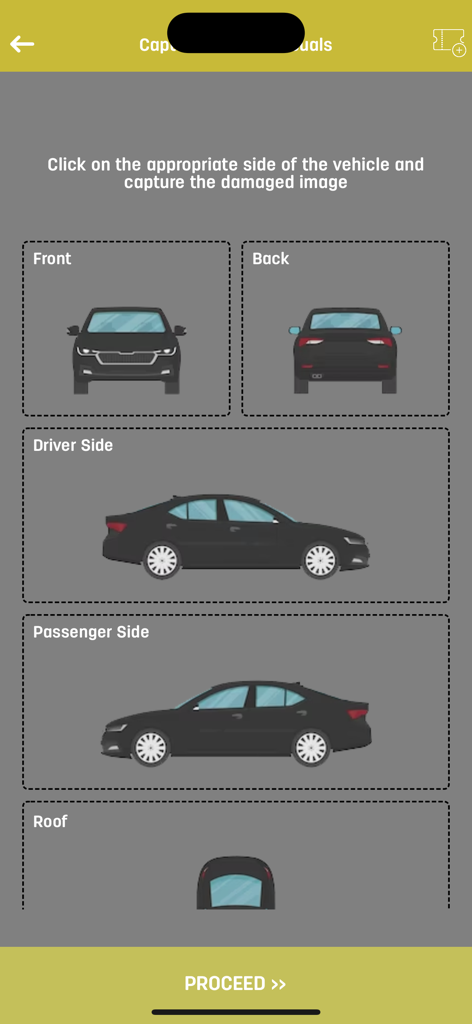 Bima Yangu - Bima Yangu app screen for selecting car damage areas to upload photos for insurance claims