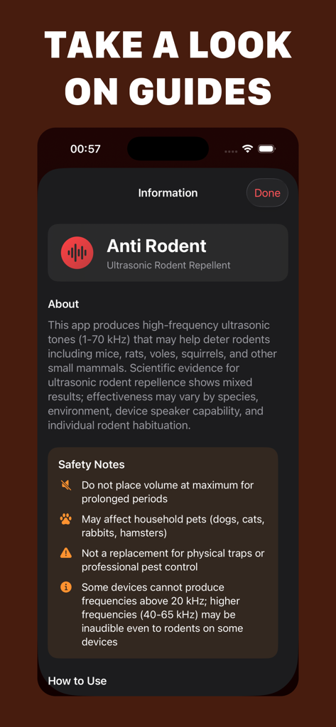 Rodent Repellent - Rodent Repellent app information screen displaying safety notes and ultrasonic tone guides