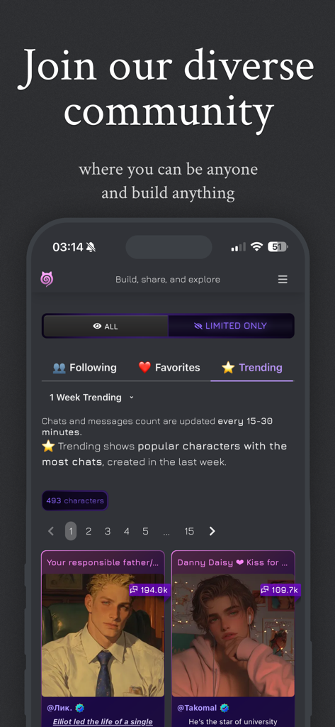 Interfaz de la aplicación Janitor AI que muestra bots de personajes de tendencia y funciones de la comunidad.