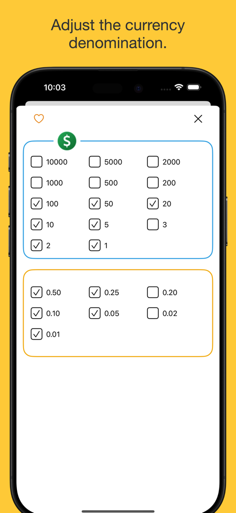 Money Counter app interface for adjusting and selecting currency denominations for notes and coins