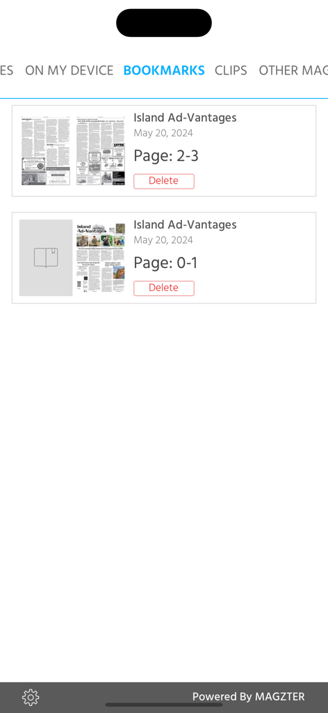Island Ad-Vantages - Screenshot of the bookmarks page in the Island Ad-Vantages app showing saved news articles.