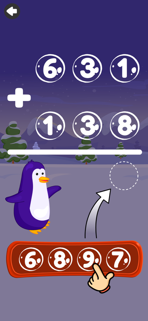 Kids three digit addition math game featuring a purple penguin and colorful bubbles