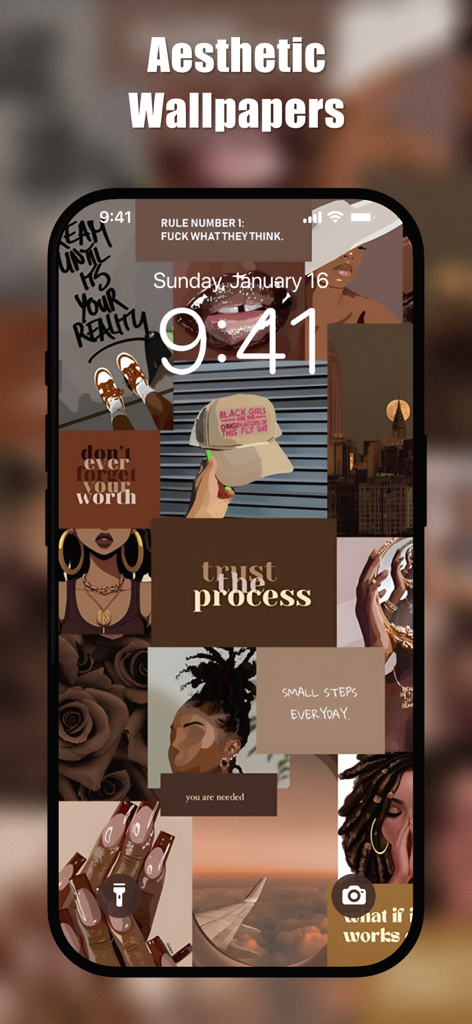 Melanin Wallpapers 4K | HD - iPhone lock screen displaying a brown toned collage of melanin aesthetic wallpapers and motivational quotes.