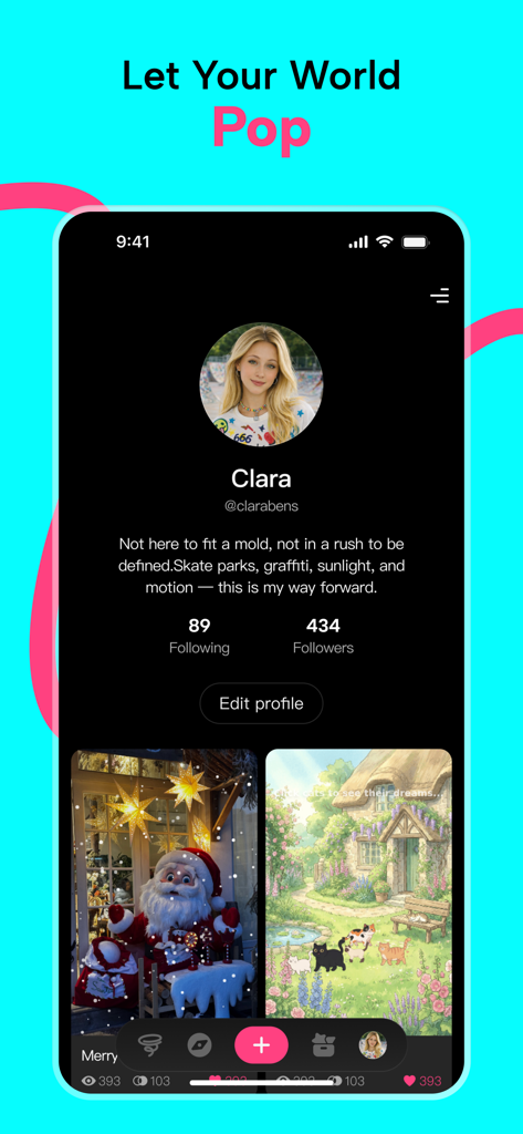 Pantalla del perfil de usuario de la aplicación Loopit que muestra a una creadora llamada Clara con su biografía personal, número de seguidores y una cuadrícula de creaciones jugables interactivas.