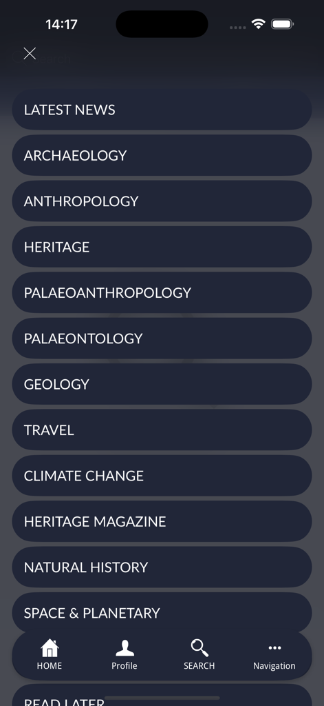 HeritageDaily Magazine - Navigation menu of the HeritageDaily Magazine app showing scientific news categories