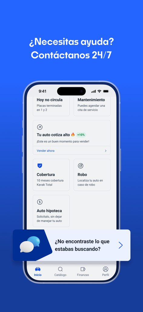Kavak: Compra y venta de autos - Kavak app screen showing 24/7 customer support and vehicle management options like maintenance and selling