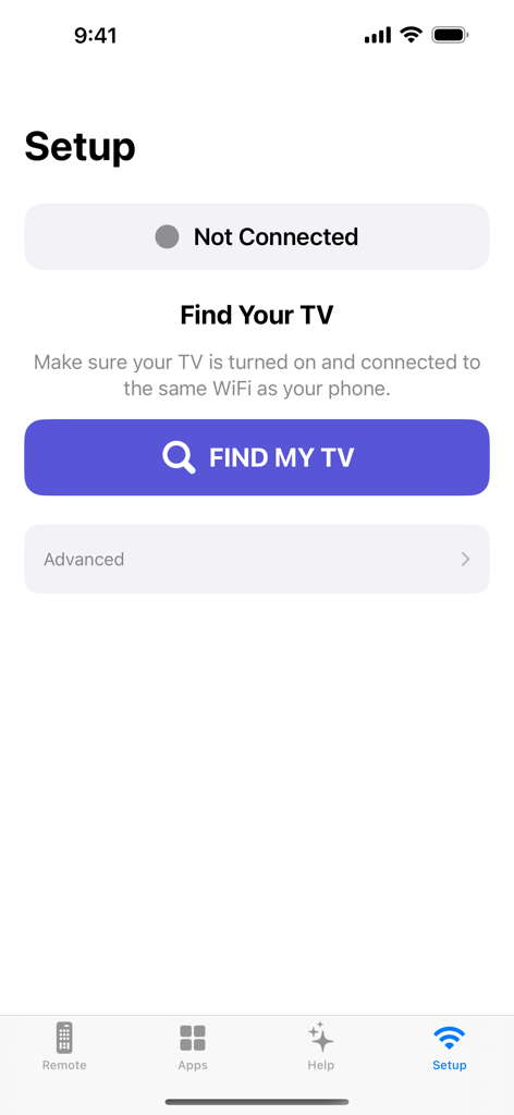 EasyTV - Samsung Remote - EasyTV Samsungリモコンアプリのセットアップ画面。大きな「テレビを探す」接続ボタンが表示されています。
