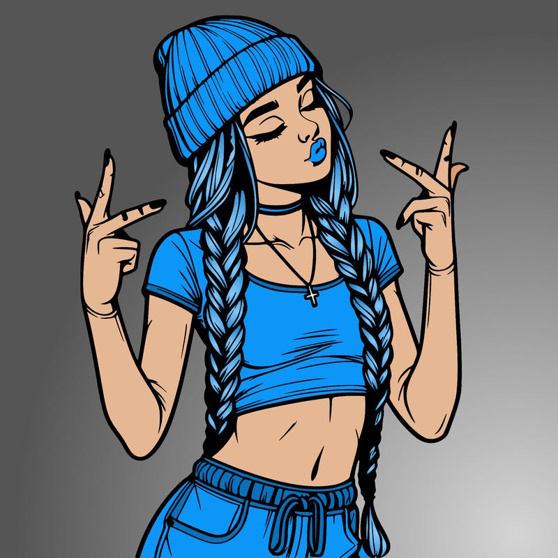 realistic teenage girl with braids and a beanie and crop top doing 🫶🏼