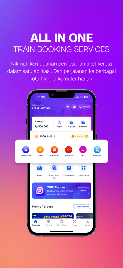 Access by KAI - Pantalla de inicio de la aplicación Access by KAI mostrando varias opciones de reserva de trenes en Indonesia