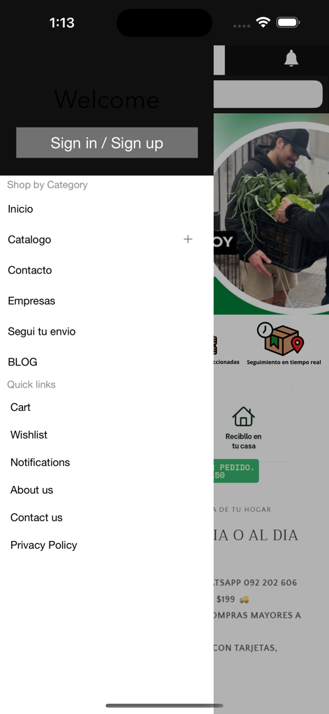 FRUMIX - Frutas y Verduras - Frumix mobile app side navigation menu displaying categories and quick links