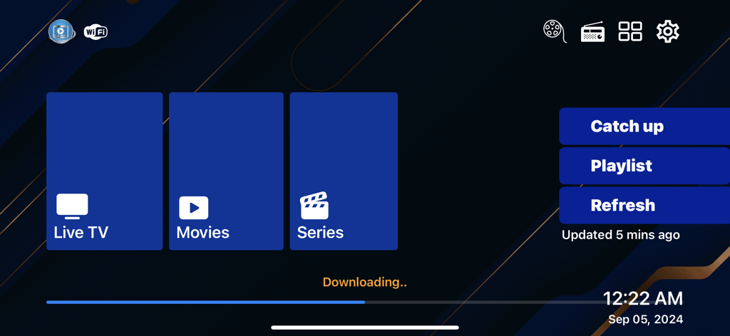 Haupt-Dashboard von IPTV Video Player Pro mit den Kategorien Live-TV, Filme und Serien