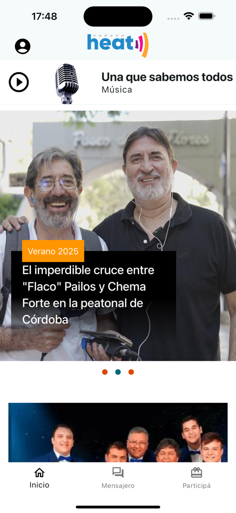 Pantalla de inicio de la aplicación Cadena Heat mostrando una sección de noticias sobre el Flaco Pailos y Chema Forte en Córdoba