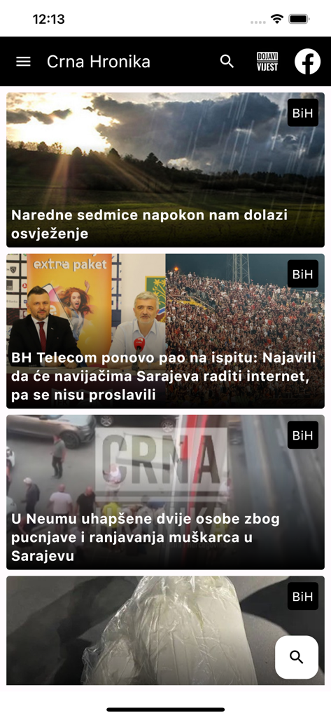 Crna Hronika - Screenshot of the Crna Hronika news app showing a feed of local news articles from Bosnia and Herzegovina