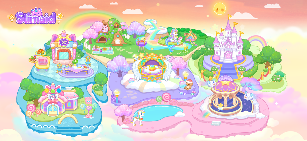 Slimaid Princess: Unicorn - A colorful map of the magical Slimaid Princess unicorn world featuring a castle, restaurant, and enchanted forest