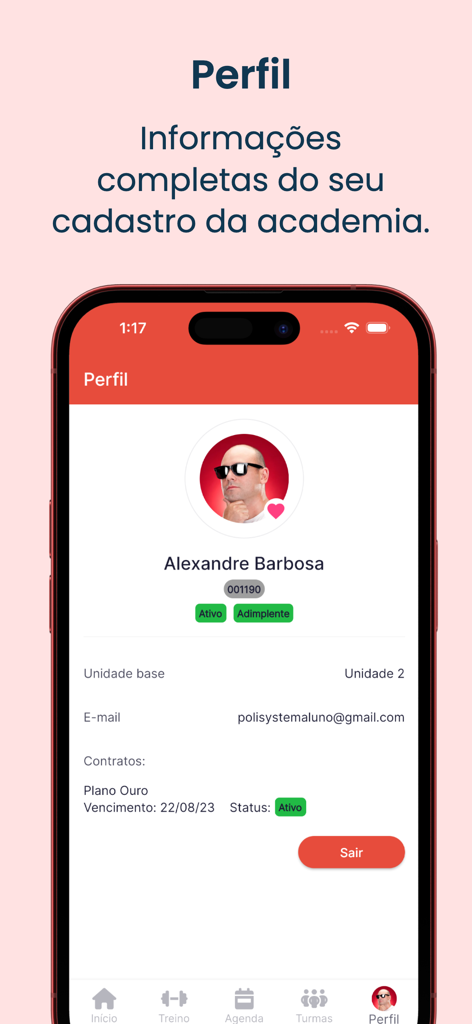 The user profile screen of the DG Aluno app displaying gym membership details, active status, and personal registration information.
