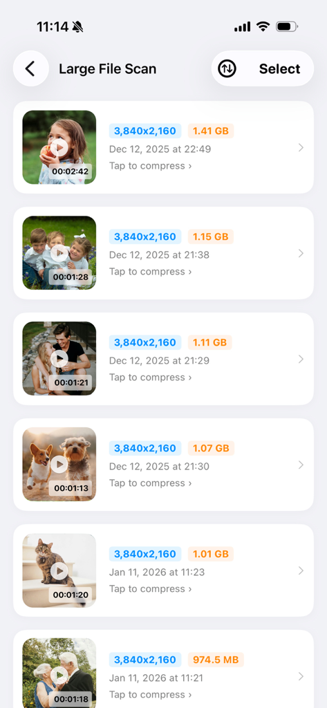 TidyLens - TidyLens app interface for scanning and compressing large 4K video files to free up iPhone storage.