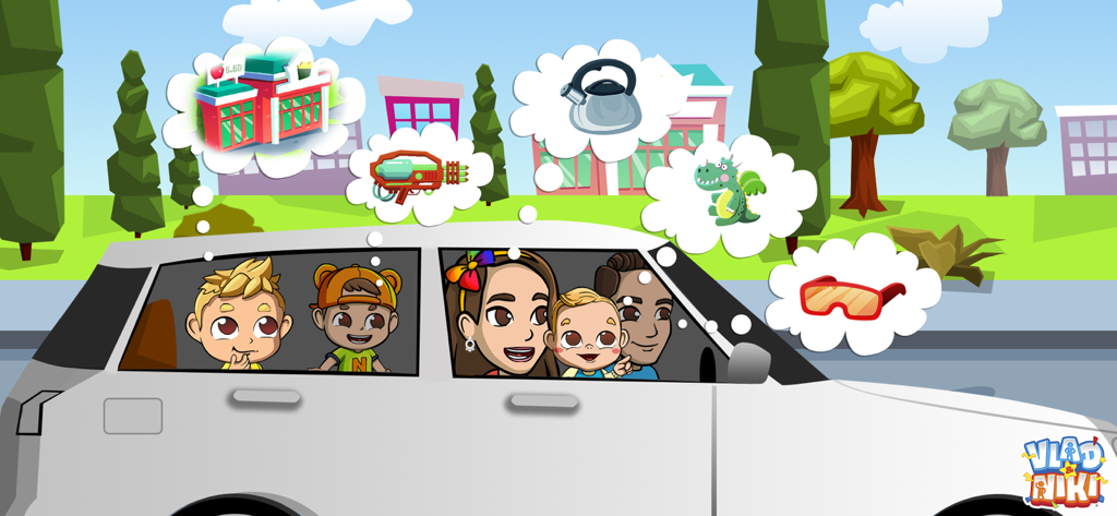 Vlad und Niki Familie in einem Auto träumt von Supermarkt-Einkaufsartikeln