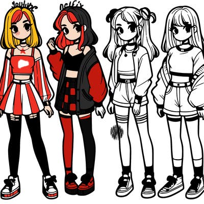 one girl with crop-top shirt and a jacket with a skirt, long socks and another girl with a shirt and pants with a jacket