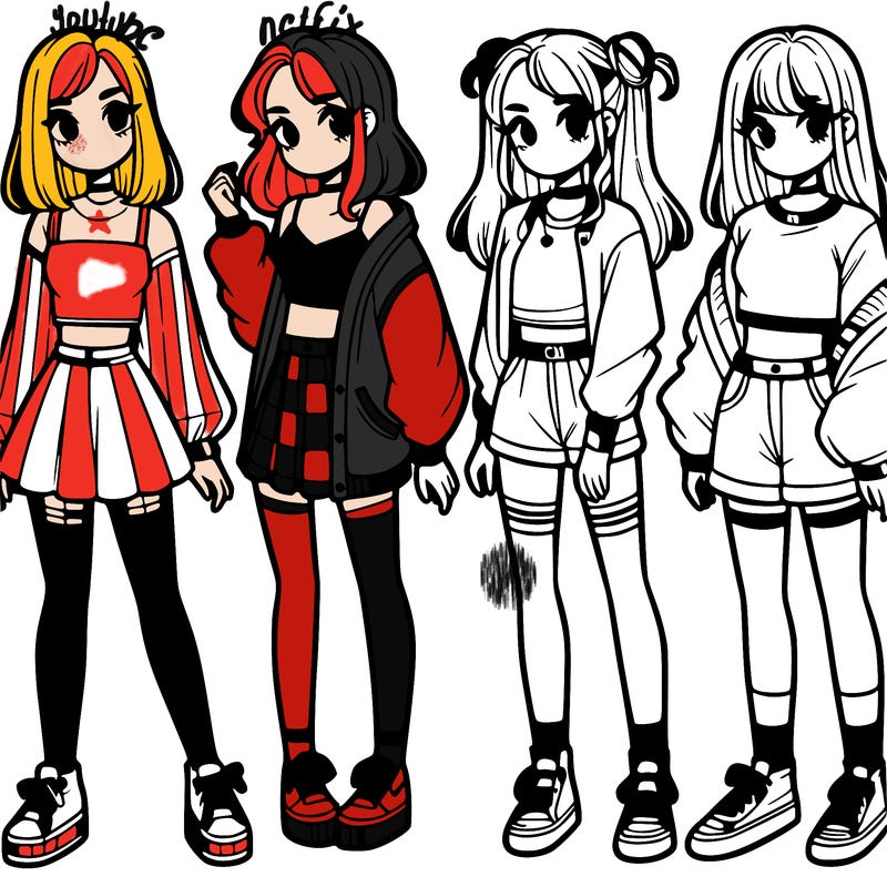 one girl with crop-top shirt and a jacket with a skirt, long socks and another girl with a shirt and pants with a jacket