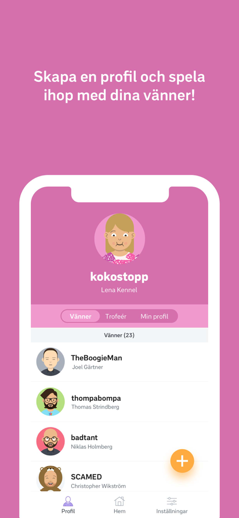 Tela do aplicativo móvel SVT Duo mostrando um perfil de usuário e uma lista de amigos com avatares personalizados