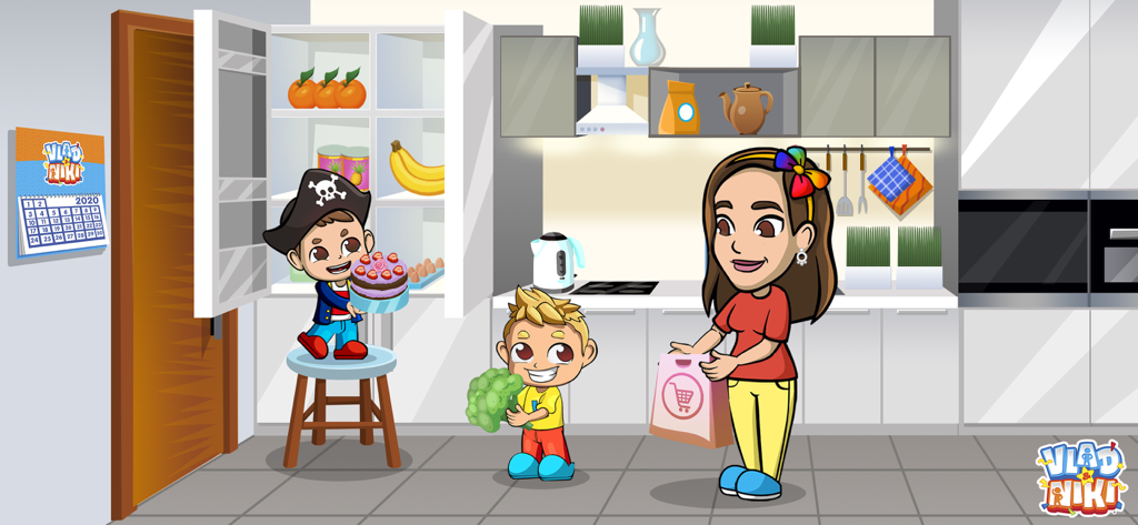 Vlad und Niki Cartoon-Charaktere in einer Küche mit einer Einkaufstasche und einem Kuchen