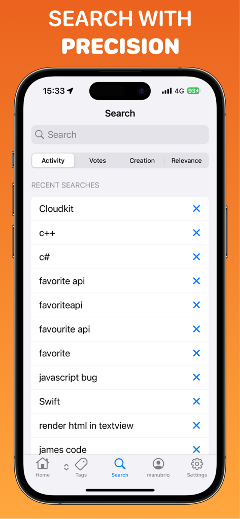 Crew - Stack Overflow Code Q&A - Crew app search screen showing recent coding searches like Swift and C++ with precision filter options