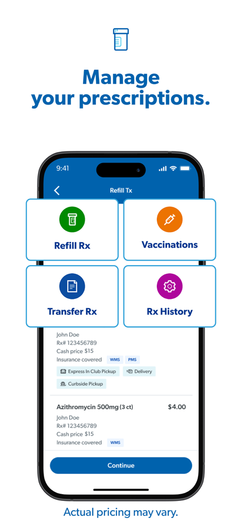 Sam's Club: Pickup & Delivery - Interfaz de la app de Sam's Club que muestra opciones de gestión de recetas como resurtir Rx y programación de vacunaciones