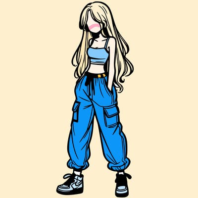 girl in baggy pants crop top and long hair