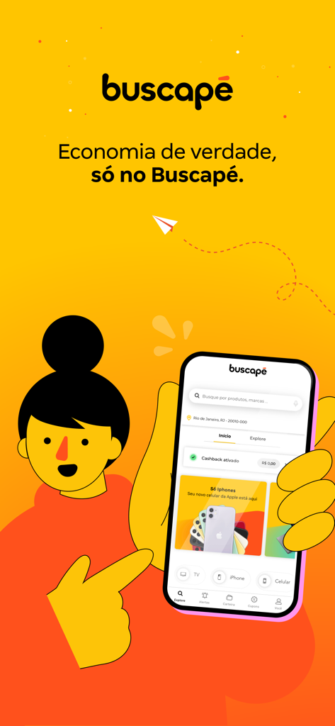 An illustration of a person holding a phone showing the Buscape app interface with cashback and price comparison features