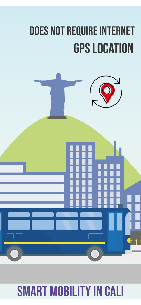 Graphic showing a MIO bus and Cali cityscape highlighting offline GPS navigation features.
