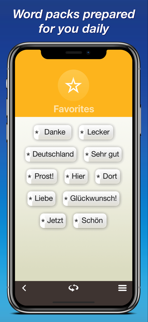 German by Nemo - Screenshot of the Favorites screen in the German by Nemo app showing a list of essential German words.