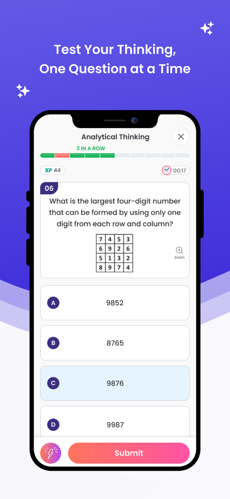 A screenshot of the LogIQids app showing an analytical thinking math puzzle for kids