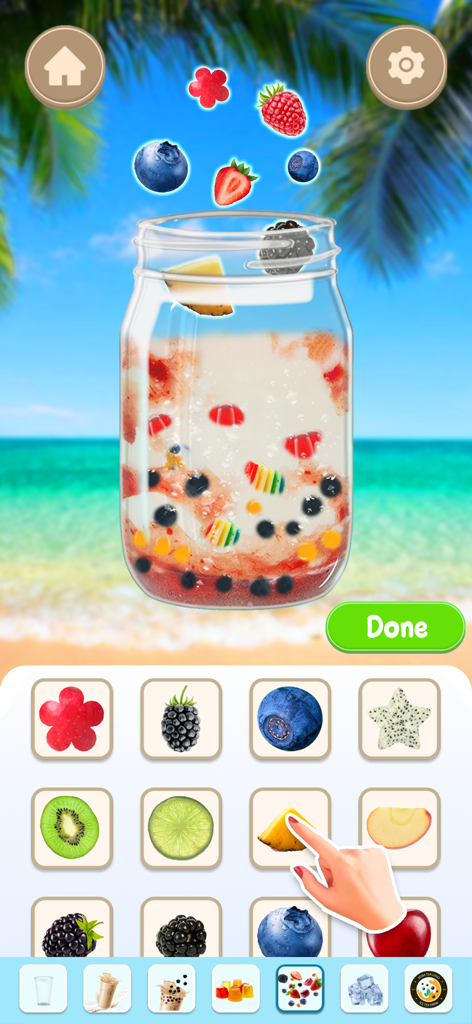 Boba Tea DIY: Tasty Recipe - A gameplay screenshot of Boba Tea DIY showing a mason jar filled with a colorful fruit drink and a selection of toppings like berries and kiwi.