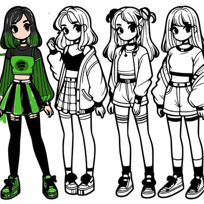 one girl with crop-top shirt and a jacket with a skirt, long socks and another girl with a shirt and pants with a jacket