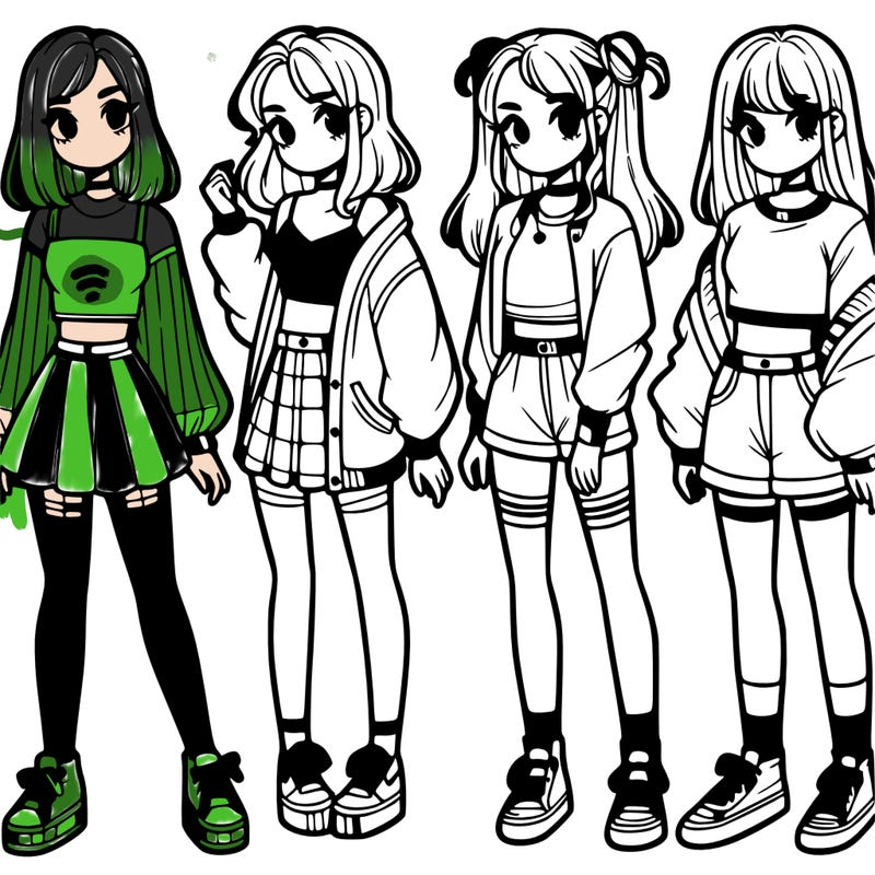 one girl with crop-top shirt and a jacket with a skirt, long socks and another girl with a shirt and pants with a jacket