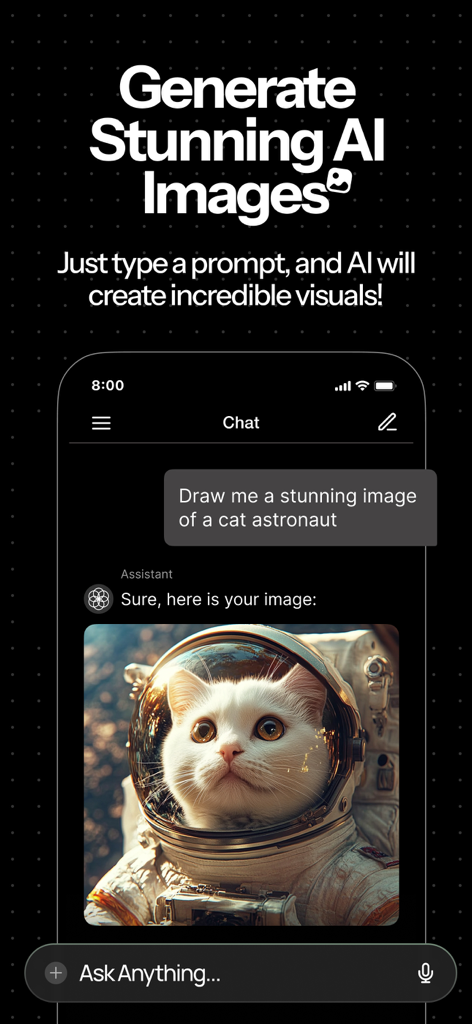 Genora AI – Chat bot & Search - Genora AI mobile app interface showing a generated image of a cat astronaut from a chat prompt