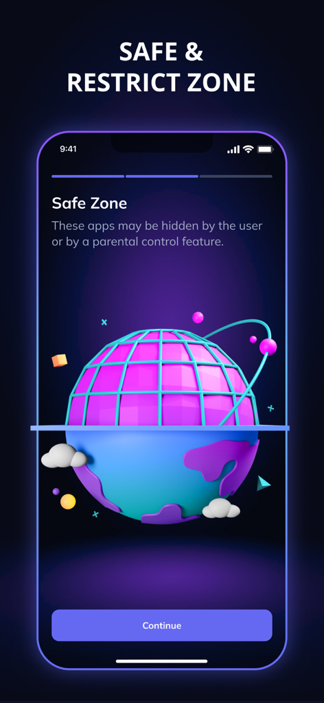 Shade: App Lock & Blocker - Interface do aplicativo Shade mostrando o recurso Zona Segura para bloqueio de aplicativos baseado em localização e bem-estar digital
