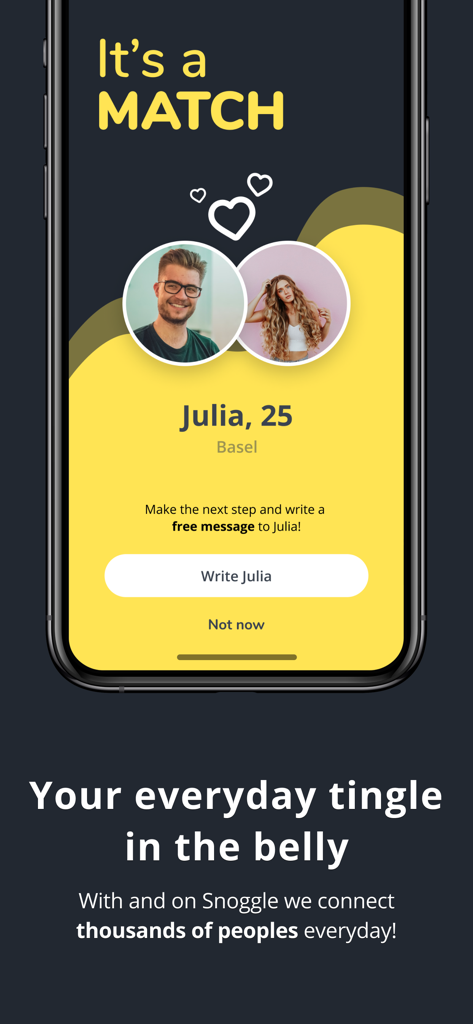 Der Match-Bildschirm der Snoggle-Dating-App, der einen potenziellen Partner namens Julia zeigt