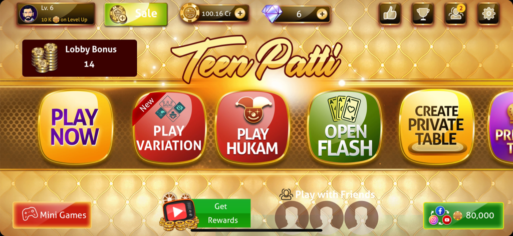 Teen Patti Game - 3Patti Poker - Hukam 및 Private Table과 같은 다양한 게임 모드를 보여주는 Teen Patti Game의 메인 로비, 금색 배경 인터페이스
