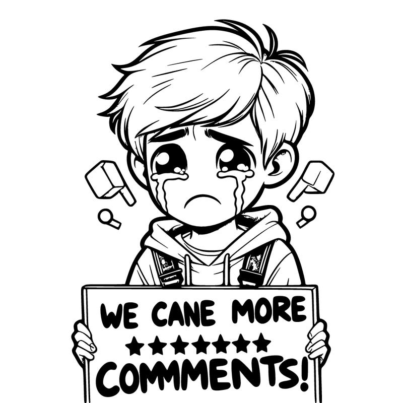 a teenage boy crying holding a sign that says we need more comments!