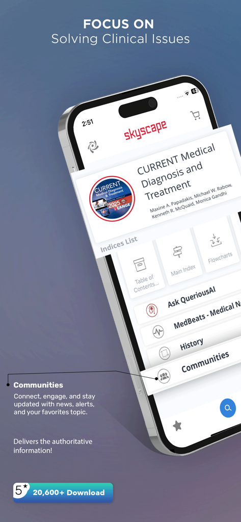 Interface of the CMDT 2025 medical app highlighting the clinical community feature and diagnostic indices