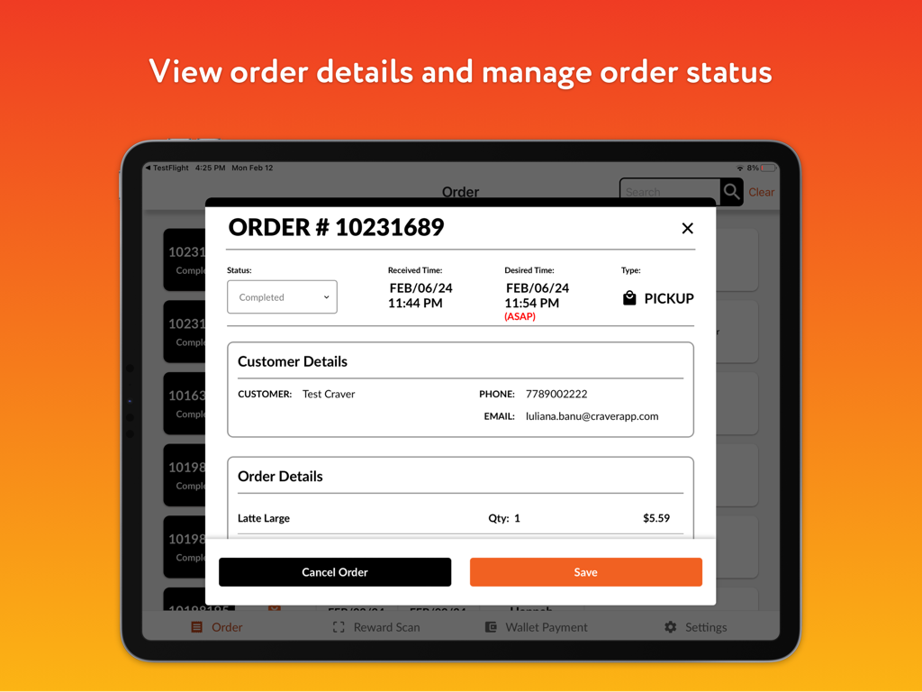 Craver Restaurant - Interface of Craver Restaurant app on a tablet showing detailed order information including customer name and pickup status