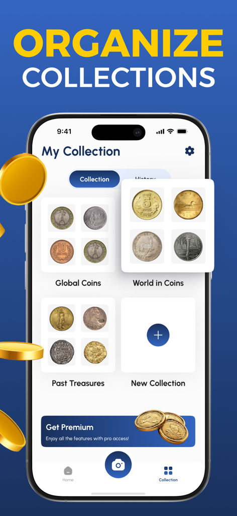 Coin Scanner & Identifier App - Interfaz de aplicación móvil que muestra una colección de monedas digital organizada en carpetas como Monedas Globales y Mundo en Monedas