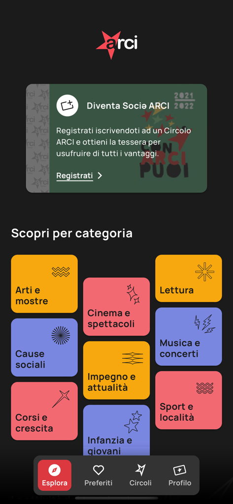 Tessera ARCI - Tessera ARCI app explore page featuring colorful tiles for various cultural and social categories