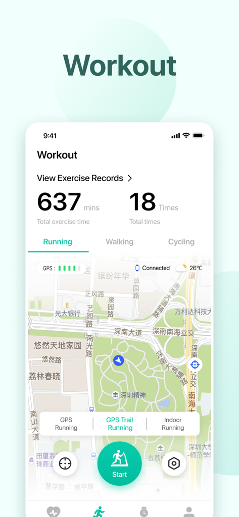Panel de entrenamiento de la aplicación Hi-Fit que muestra el tiempo total de ejercicio y un mapa de la ruta GPS de la carrera.