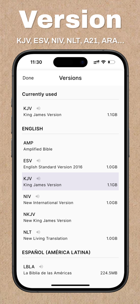 The Bible - KJV Bible & Verse - Un menú dentro de la aplicación Bible que muestra varias traducciones como KJV ESV y NIV disponibles para descargar