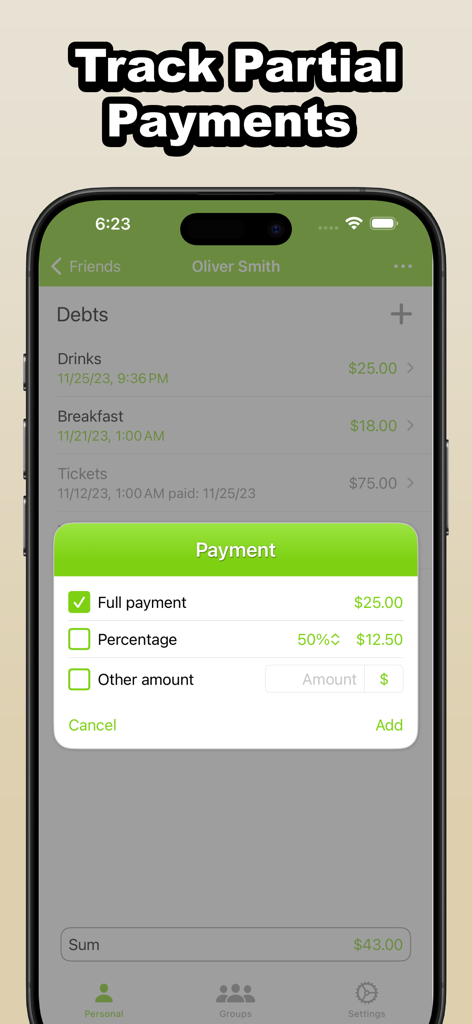 Who Owes Me - IOU Tracker - The Who Owes Me app interface demonstrating the partial payments tracking feature.
