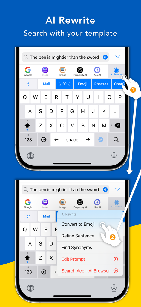 Bear - AI Keyboard - A screenshot of the Bear AI Keyboard showing the AI Rewrite menu with options to refine sentences and find synonyms.