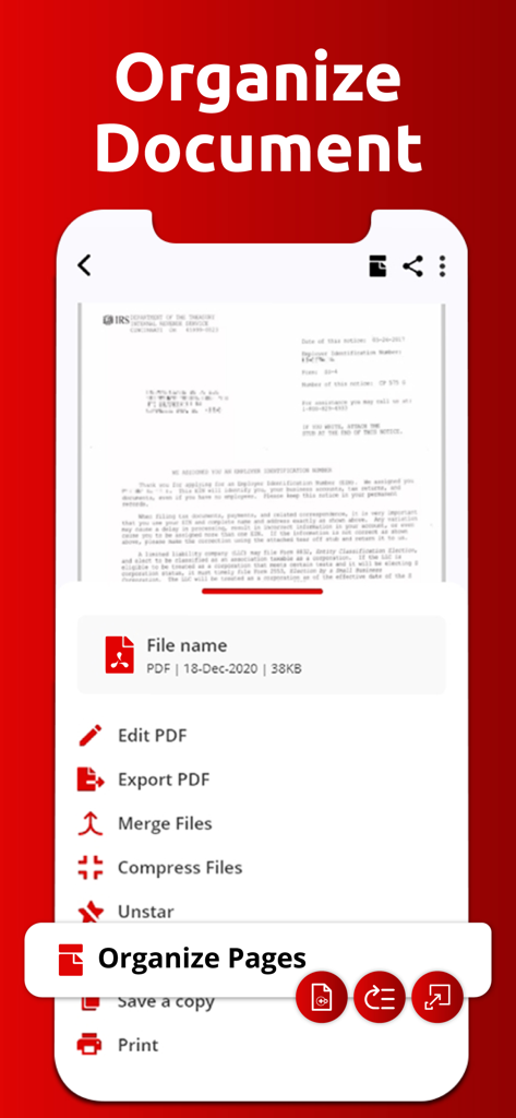 編集、結合、圧縮などのPDF管理ツールのリストを表示するモバイルアプリインターフェース。